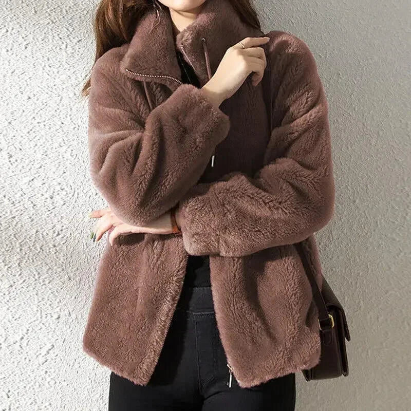 Plain and Cozy Women's Coat with Drawstring – Casual Winter Outerwear, Soft and Comfortable