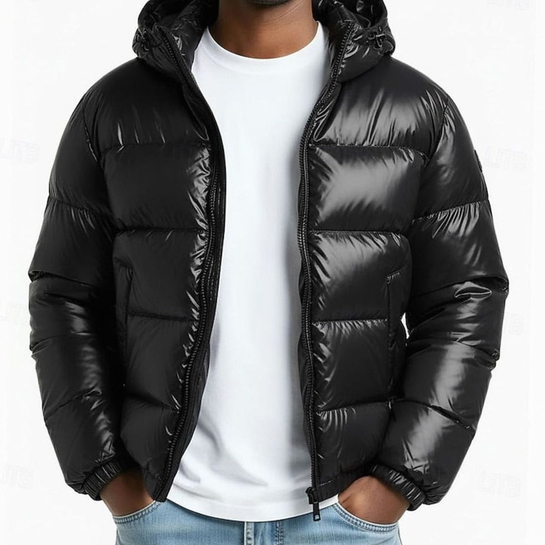 Men's Winter Jacket with Hood - Quilted with Shiny Coating