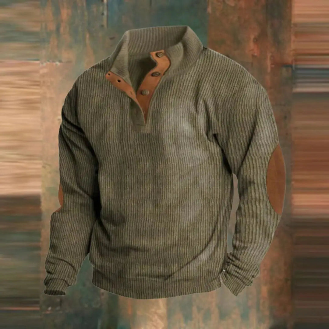 Men's Ribbed Knit Sweater Retro Quarter-Snap Pullover Elbow Patch