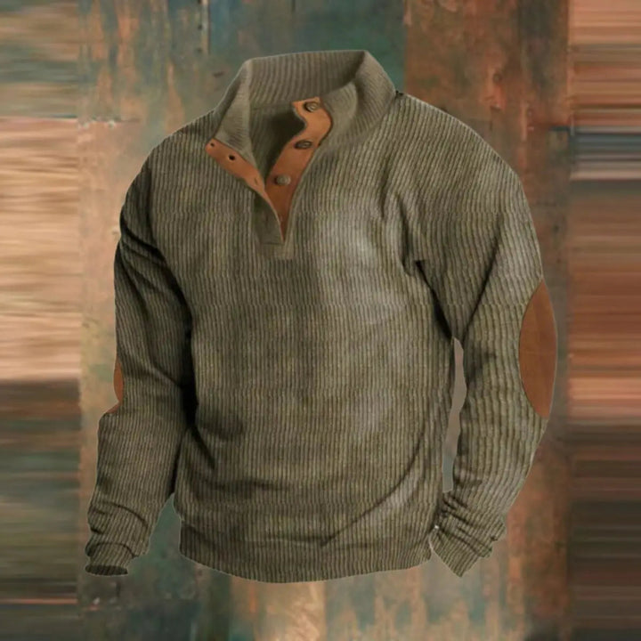 Men's Ribbed Knit Sweater Retro Quarter-Snap Pullover Elbow Patch