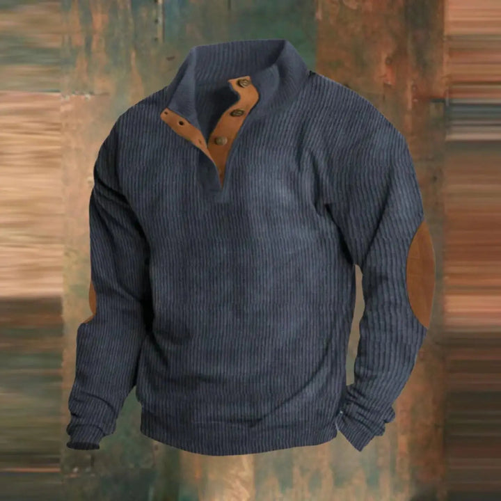 Men's Ribbed Knit Sweater Retro Quarter-Snap Pullover Elbow Patch