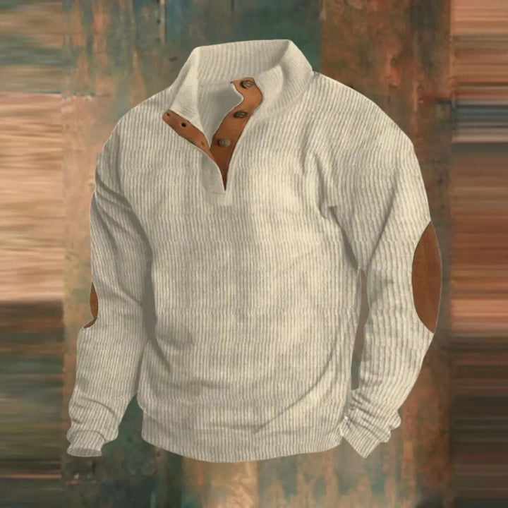 Men's Ribbed Knit Sweater Retro Quarter-Snap Pullover Elbow Patch