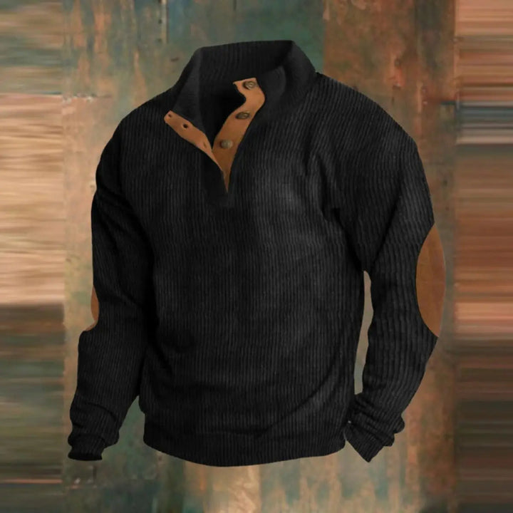 Men's Ribbed Knit Sweater Retro Quarter-Snap Pullover Elbow Patch