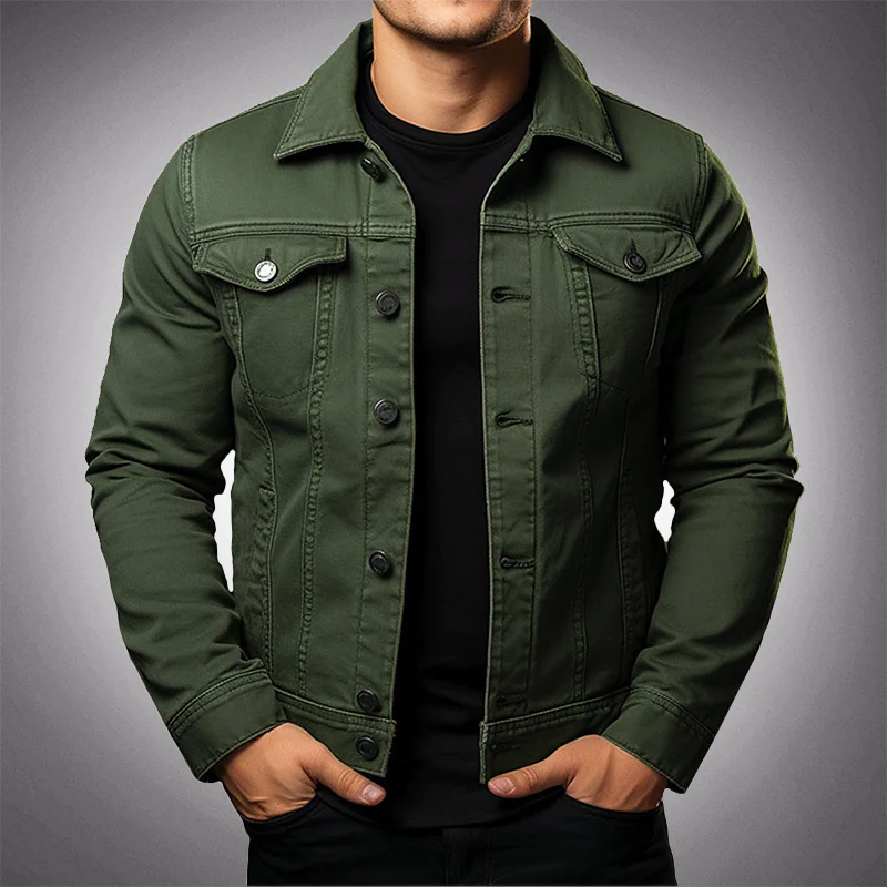 Men's Structured Denim Jacket with Button Front and Pockets