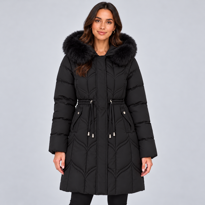 Montarello Women's Puffer Coat Faux Fur Hood Drawstring Waist