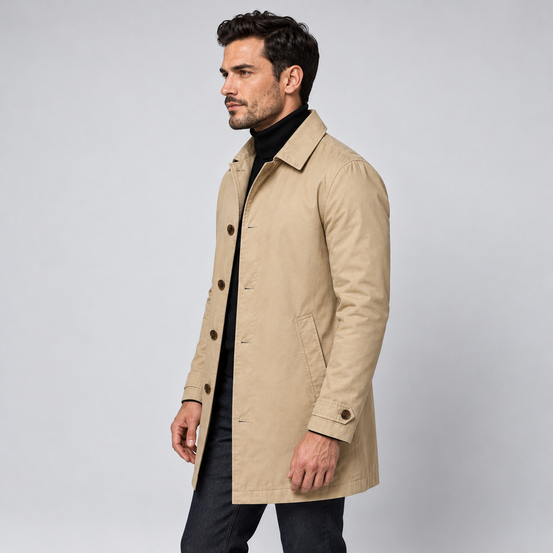 Montarello Men's Coat, Tailored Fit, Long, Buttoned Front