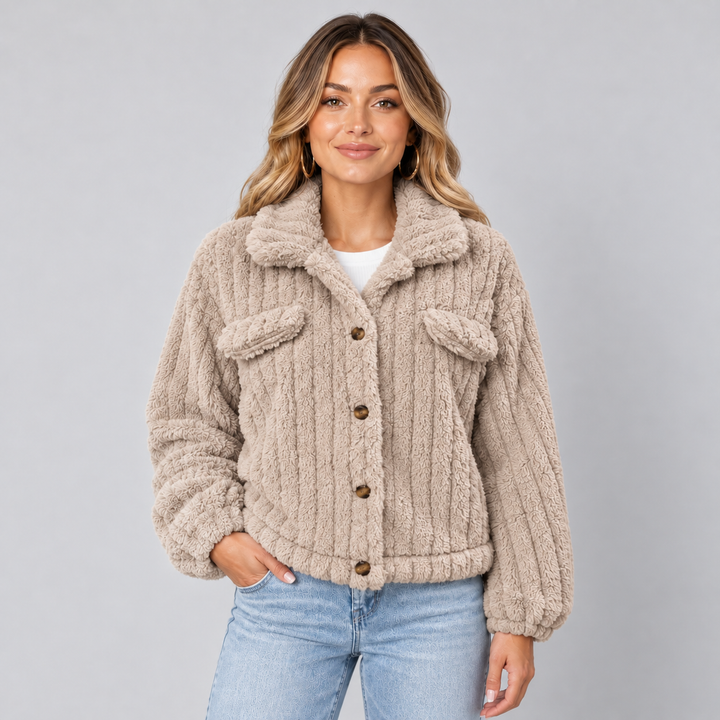 Montarello Women's Teddy Jacket Borg Collared Button Front