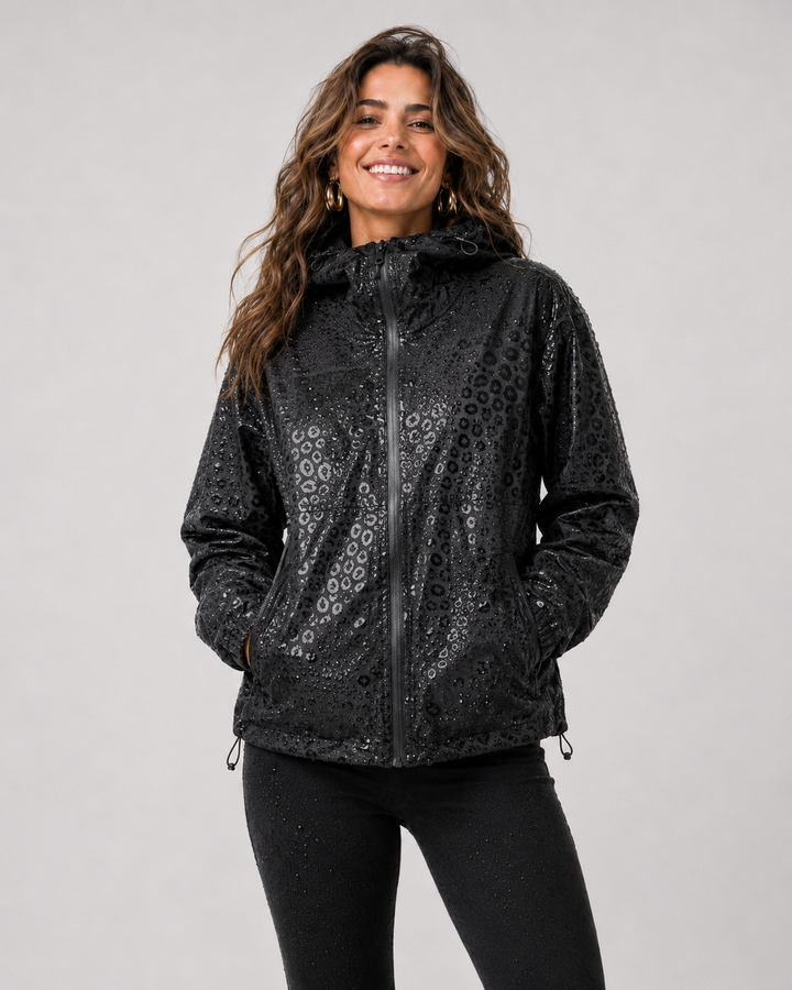 Ladies Waterproof Rain Jacket with Hood and Hidden Print, view 3 - Elena Harper