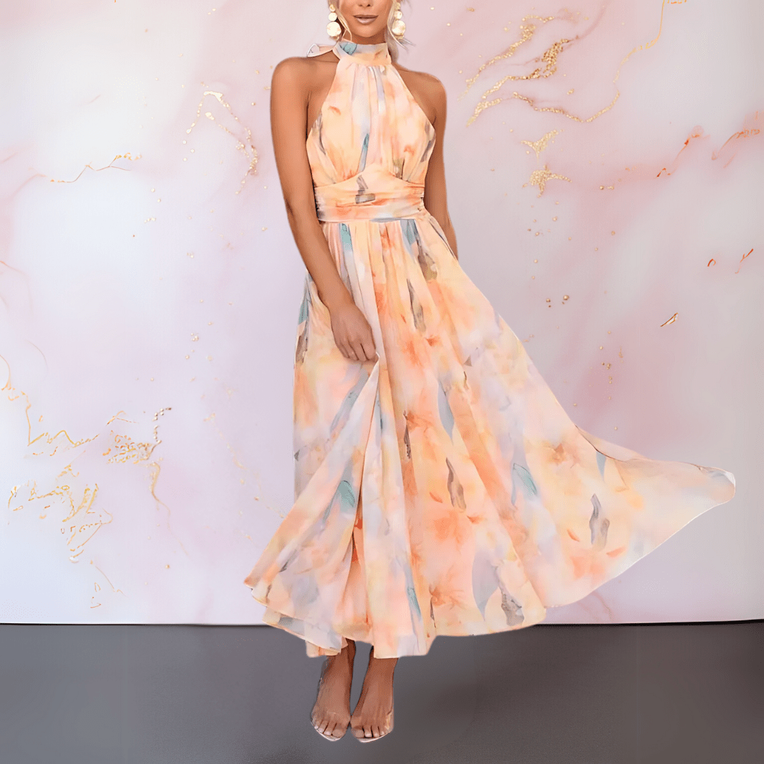 Esther Halterneck Watercolor Print Dress - Elena Harper