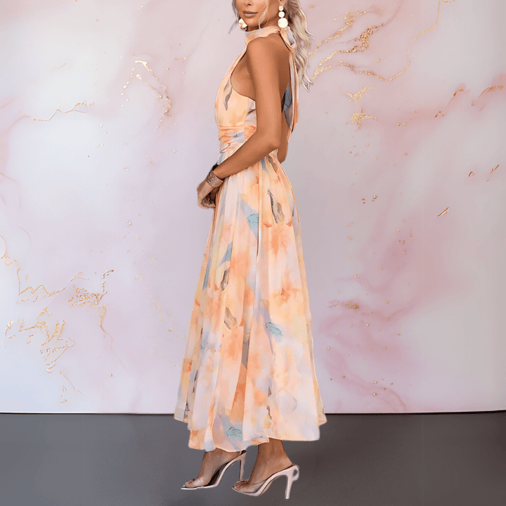 Esther Halterneck Watercolor Print Dress - Elena Harper