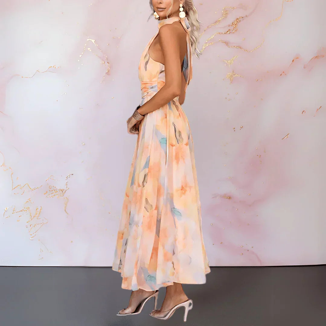 ESTHER | WATERCOLOR PRINT DRESS WITH HALTER NECK