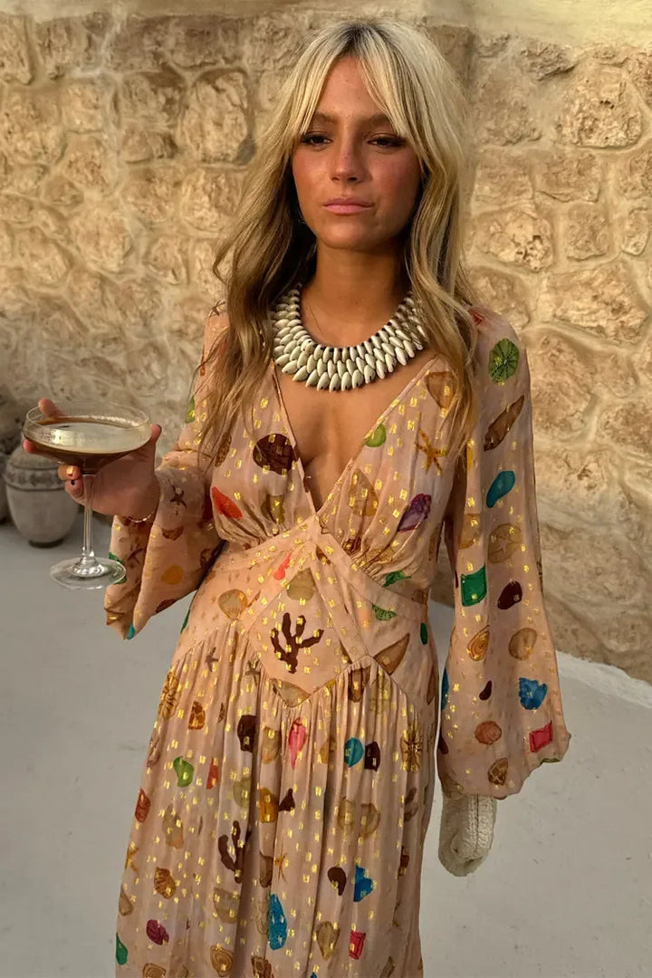Alessandra - Dress with Marine Print and Golden Details