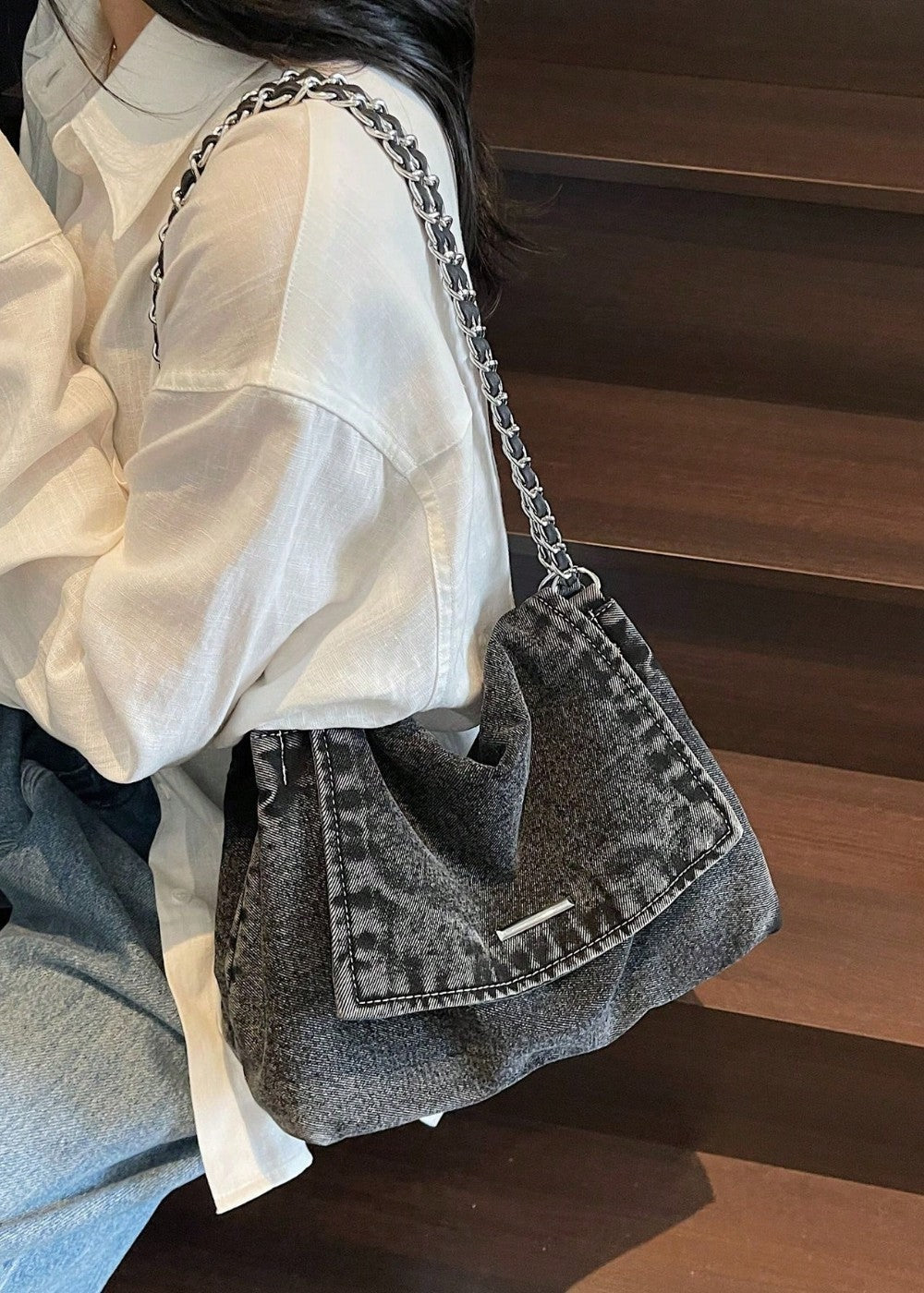 Women's Denim Urban Style Bag with Metal Chain - Briseida