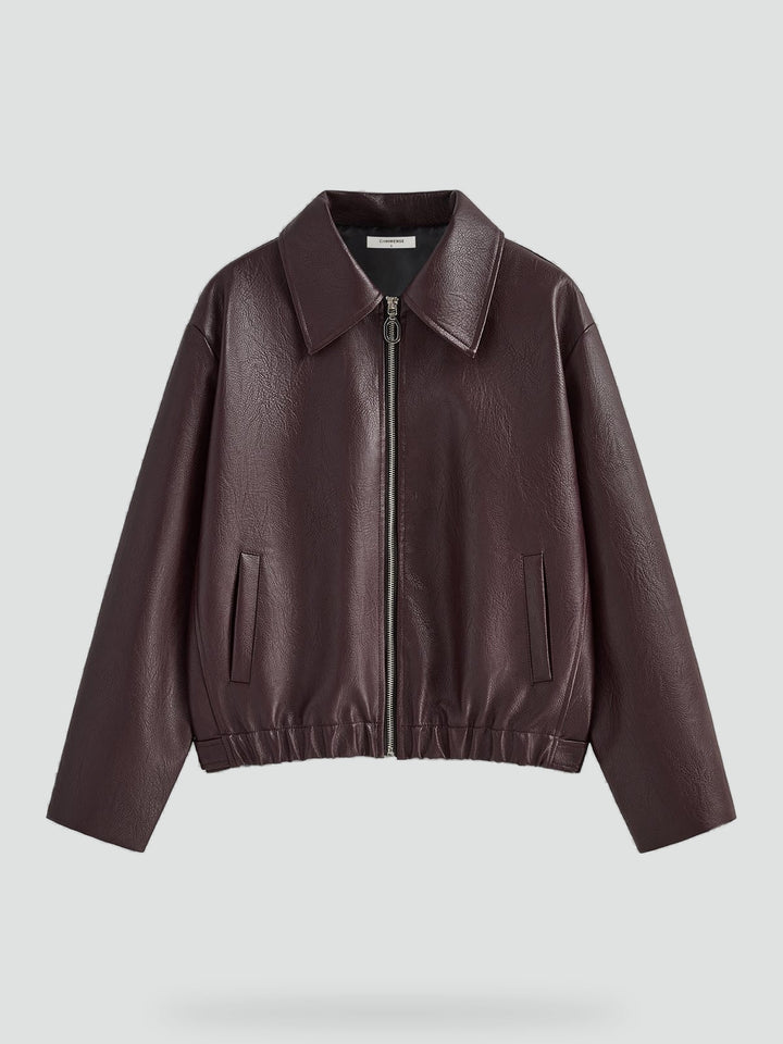 Nonchalant Faux Leather Jacket with Elastic Hem for Women