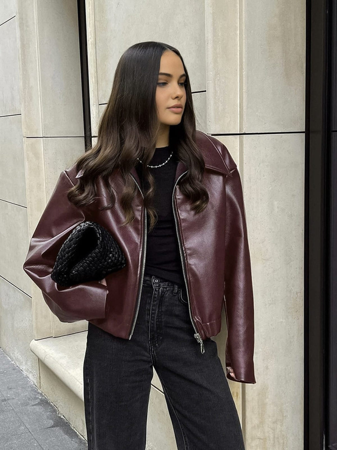 Nonchalant Faux Leather Jacket with Elastic Hem for Women