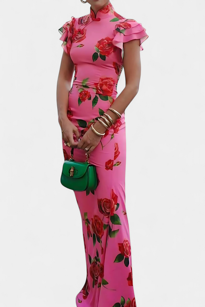 Mayra Elegant Rose Print Qipao Dress - Elena Harper