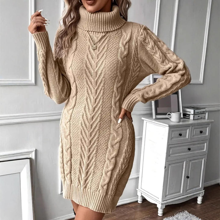 Ladies Cable Knit Dress with Turtleneck - Chunky Knit Above the Knee