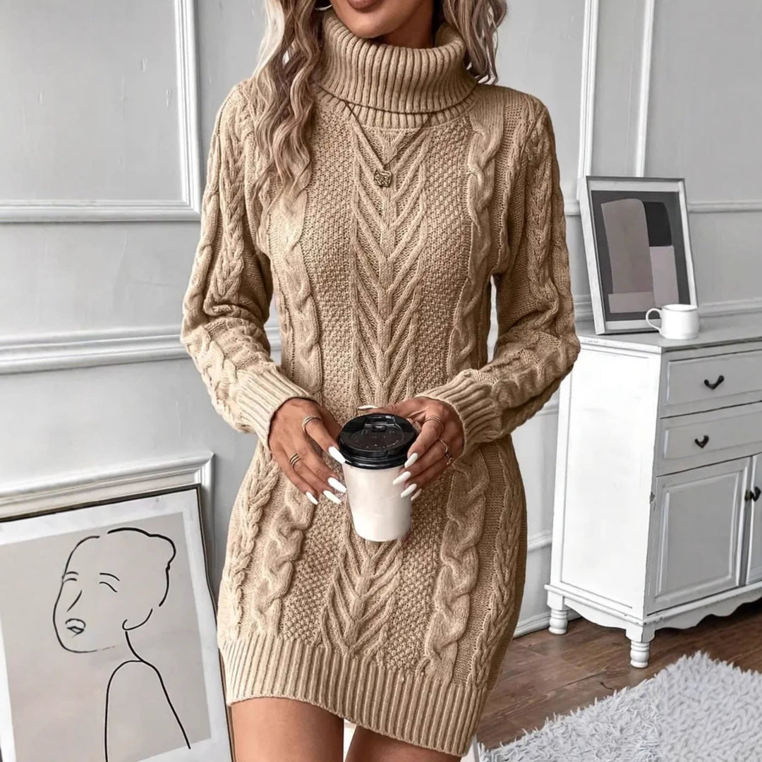 Ladies Cable Knit Dress with Turtleneck - Chunky Knit Above the Knee