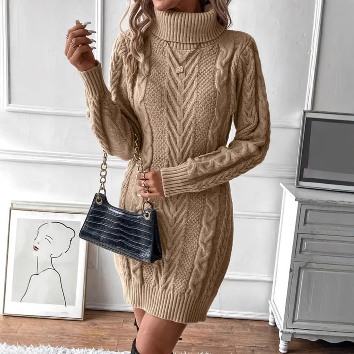 Ladies Cable Knit Dress with Turtleneck - Chunky Knit Above the Knee