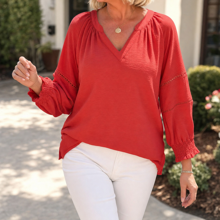 Belvora Lantern Sleeve V-Neck Blouse - Elena Harper