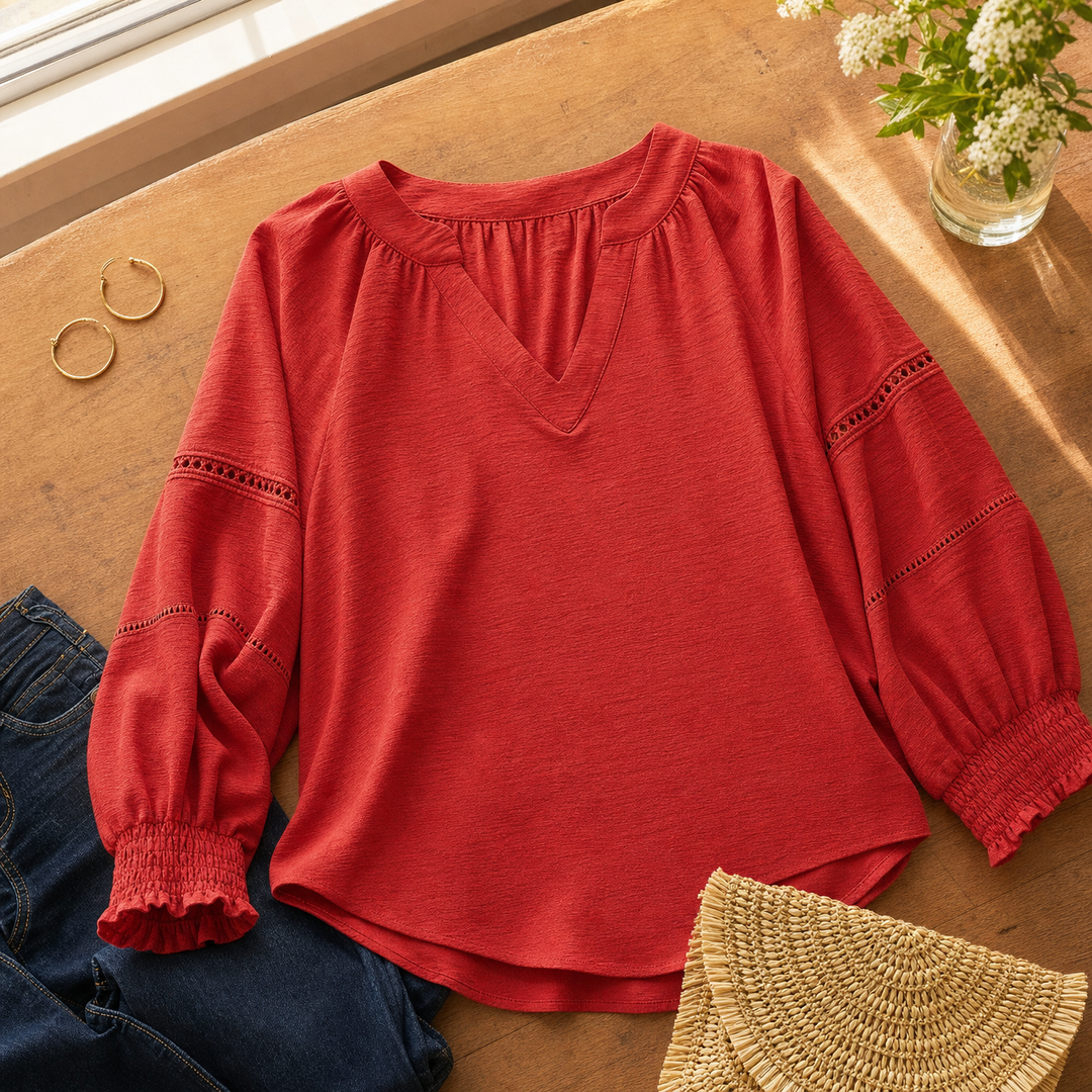 Belvora Lantern Sleeve V-Neck Blouse - Elena Harper