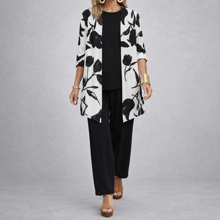 Brenda Women's 3 Piece Set with Floral Cardigan, Scoop Top and Wide Leg Trousers - Elena Harper