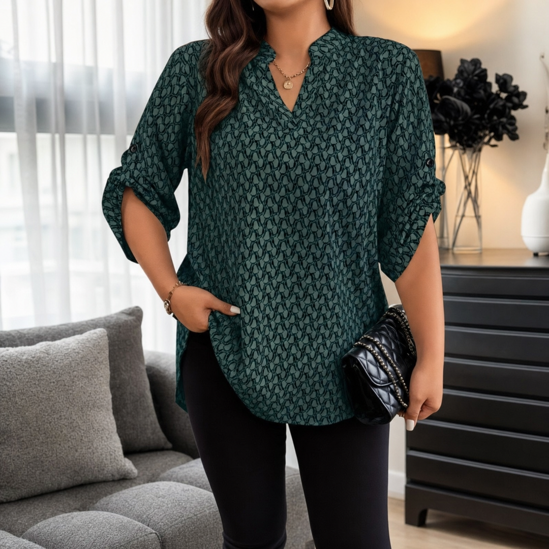 Drapella Geometric Print V-Neck Tunic Blouse with Roll-Tab Sleeves - Elena Harper