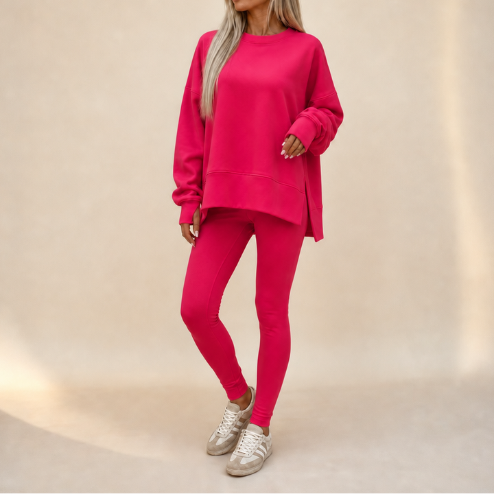 Cozelle Thumbhole Sleeve Side-Slit Loungewear Set - Elena Harper