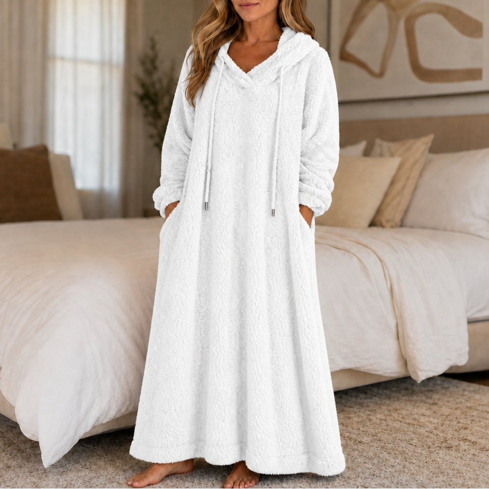 Coziya Hooded Plush Fleece Maxi Robe Dress - Elena Harper
