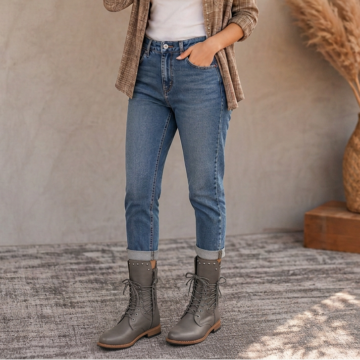 Calvera Adjustable Wrap-Lace Mid-Calf Combat Boots - Elena Harper