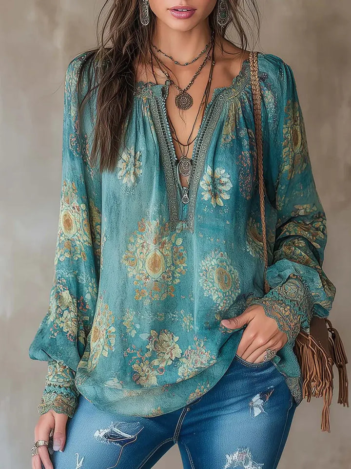 Women's Ethnic Floral Art Print Casual Long Sleeve Cotton Shirt - Elena Harper