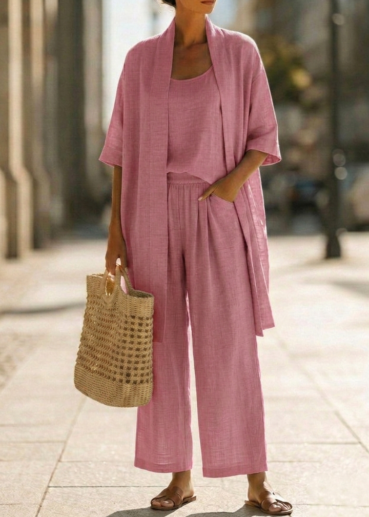 Abra Three-Piece Minimalist Set in Cotton and Linen - Elena Harper