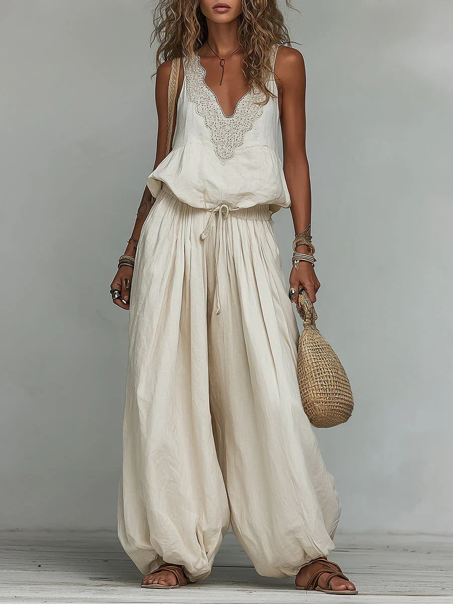 Women's Cotton-linen Embroidered Vest Lantern Wide-leg Pants - Elena Harper