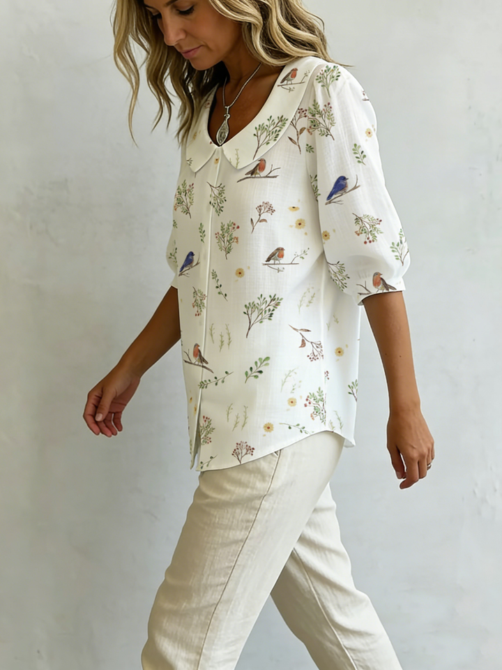 "Forest Whispers" Peter Pan Collar Linen-Cotton Shirt - Elena Harper