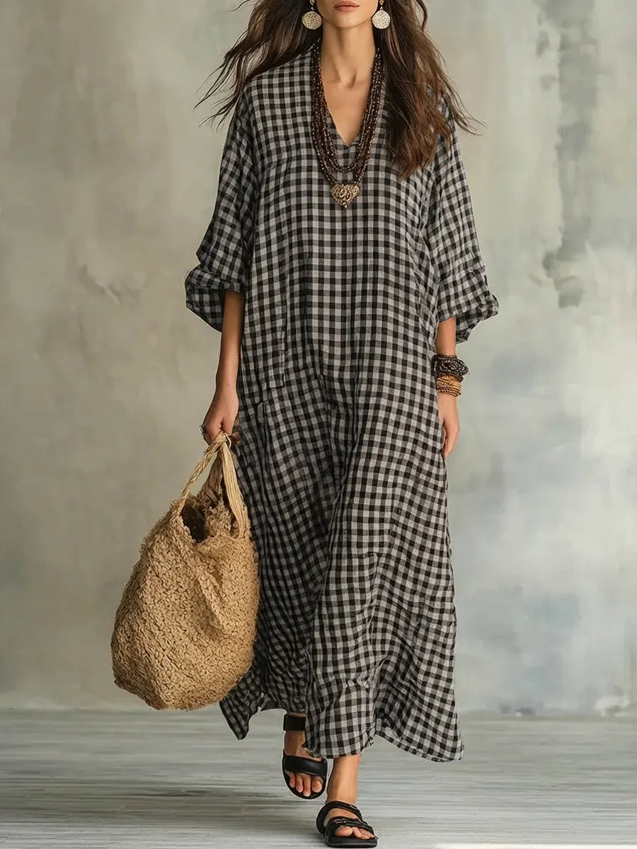 Women's Retro Plaid Art Casual Stylish Cotton Linen Maxi Dress, view 4 - Elena Harper