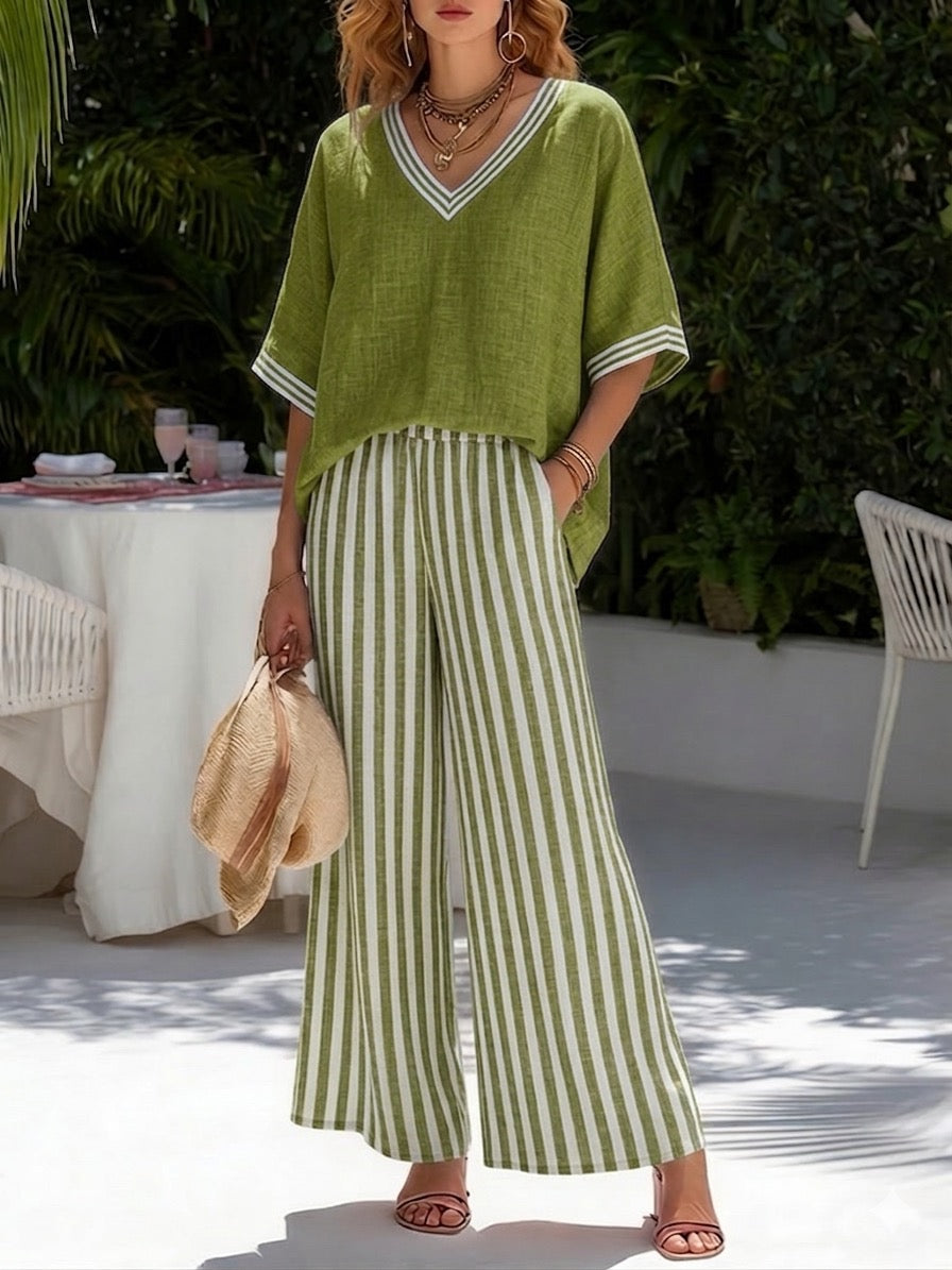 Women's Striped Set in Soft Fabric – Patchwork Top and Matching Pants