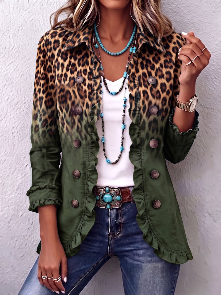 Elspeth Women's Leopard Ombre Blazer Jacket with Ruffle Trim - Elena Harper