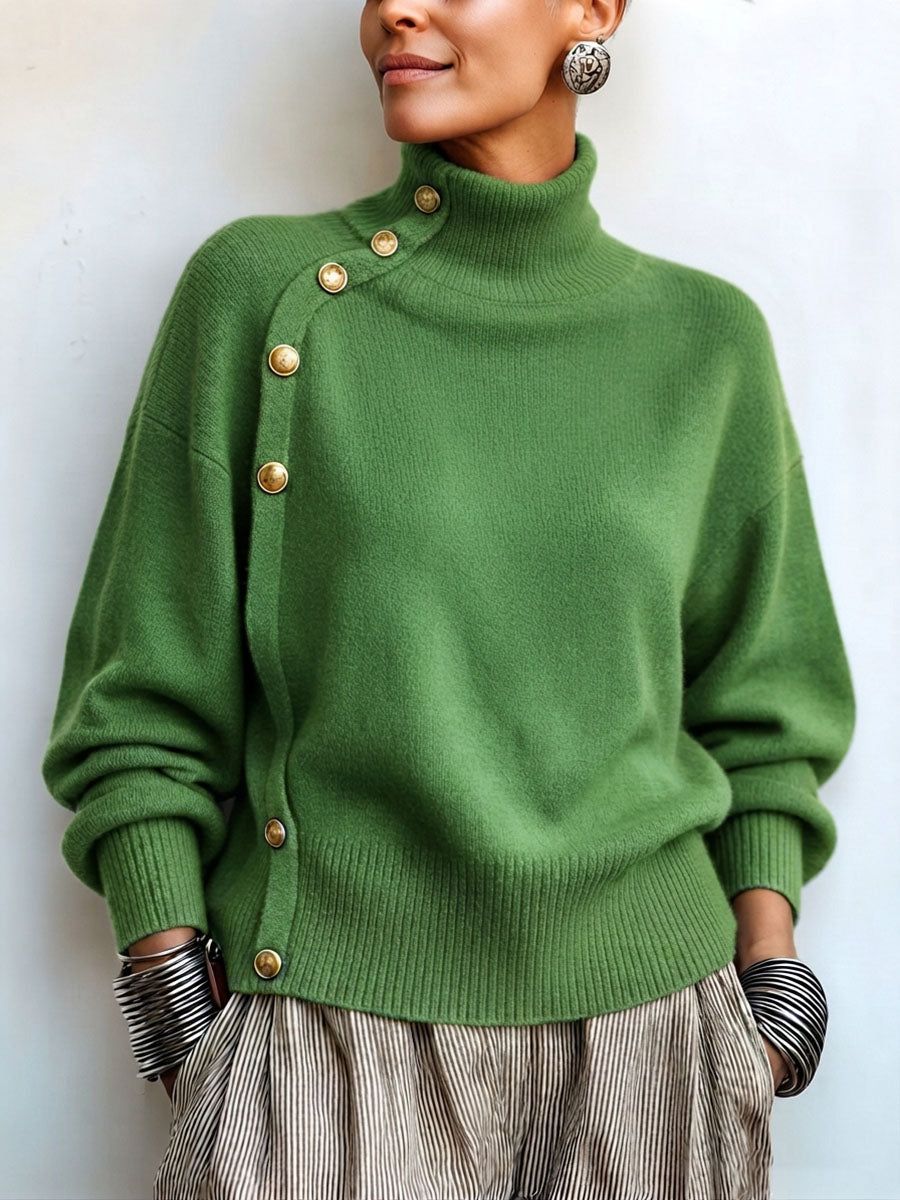 Elegant asymmetrical buttoned turtleneck sweater for women