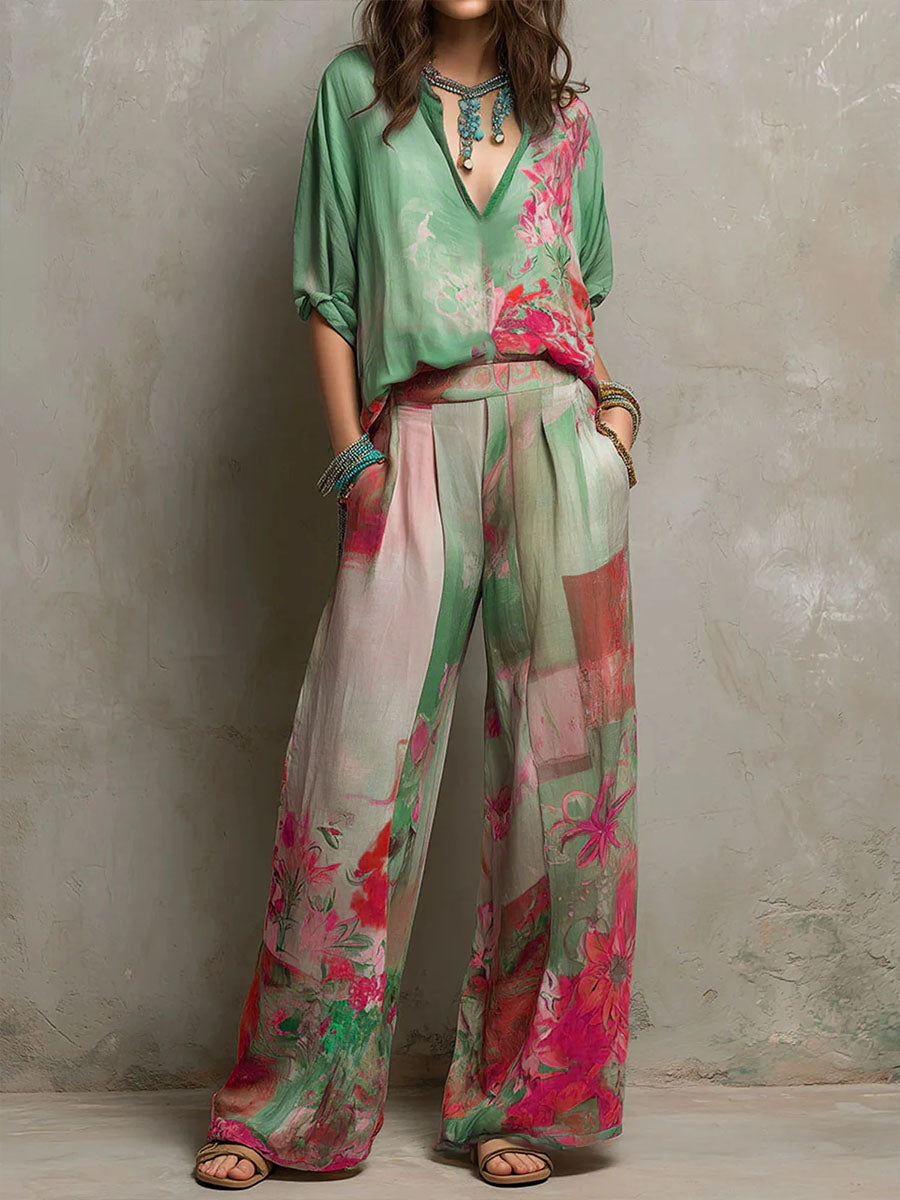 Women's Floral Wide-Leg Two-Piece Set
