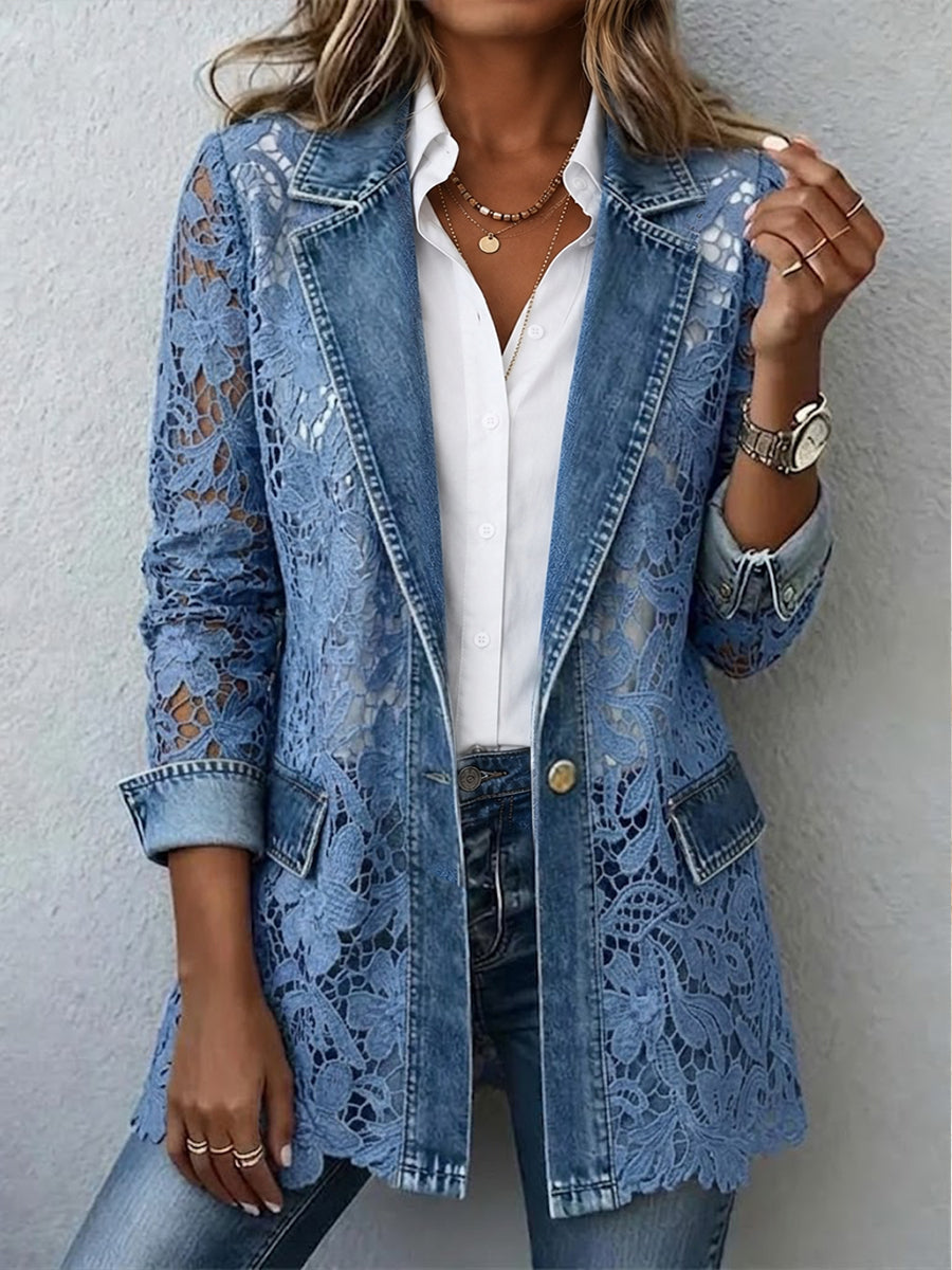 Alicia | Women's Loose Blazer with Floral Lace Panel Inserts