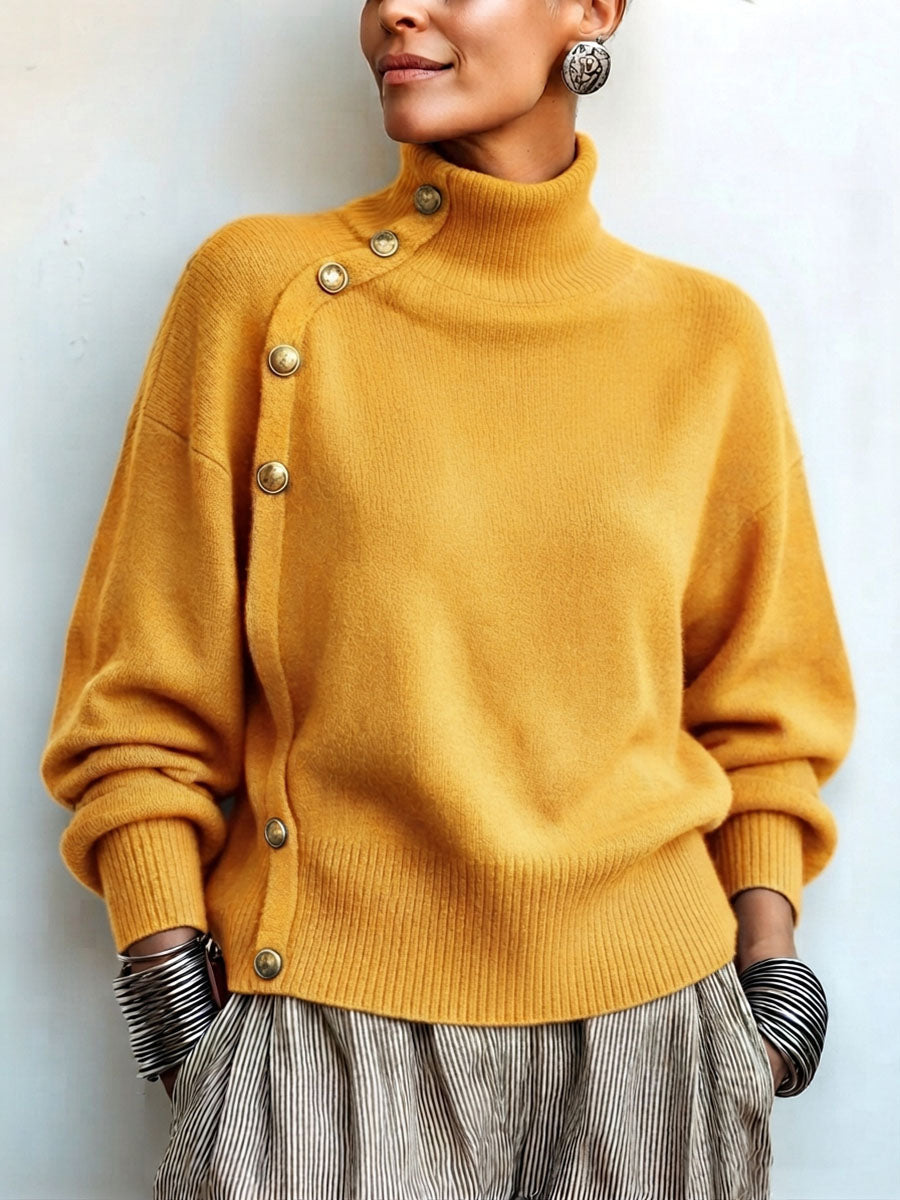 Elegant asymmetrical buttoned turtleneck sweater for women