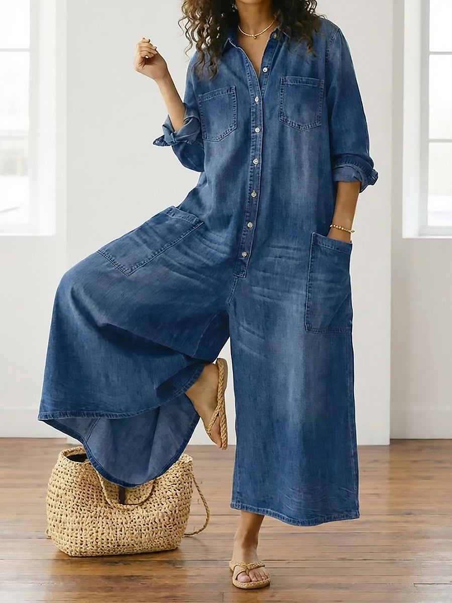 Saylor Vintage Washed Cotton Denim Overalls with Button Closure, view 10 - Elena Harper
