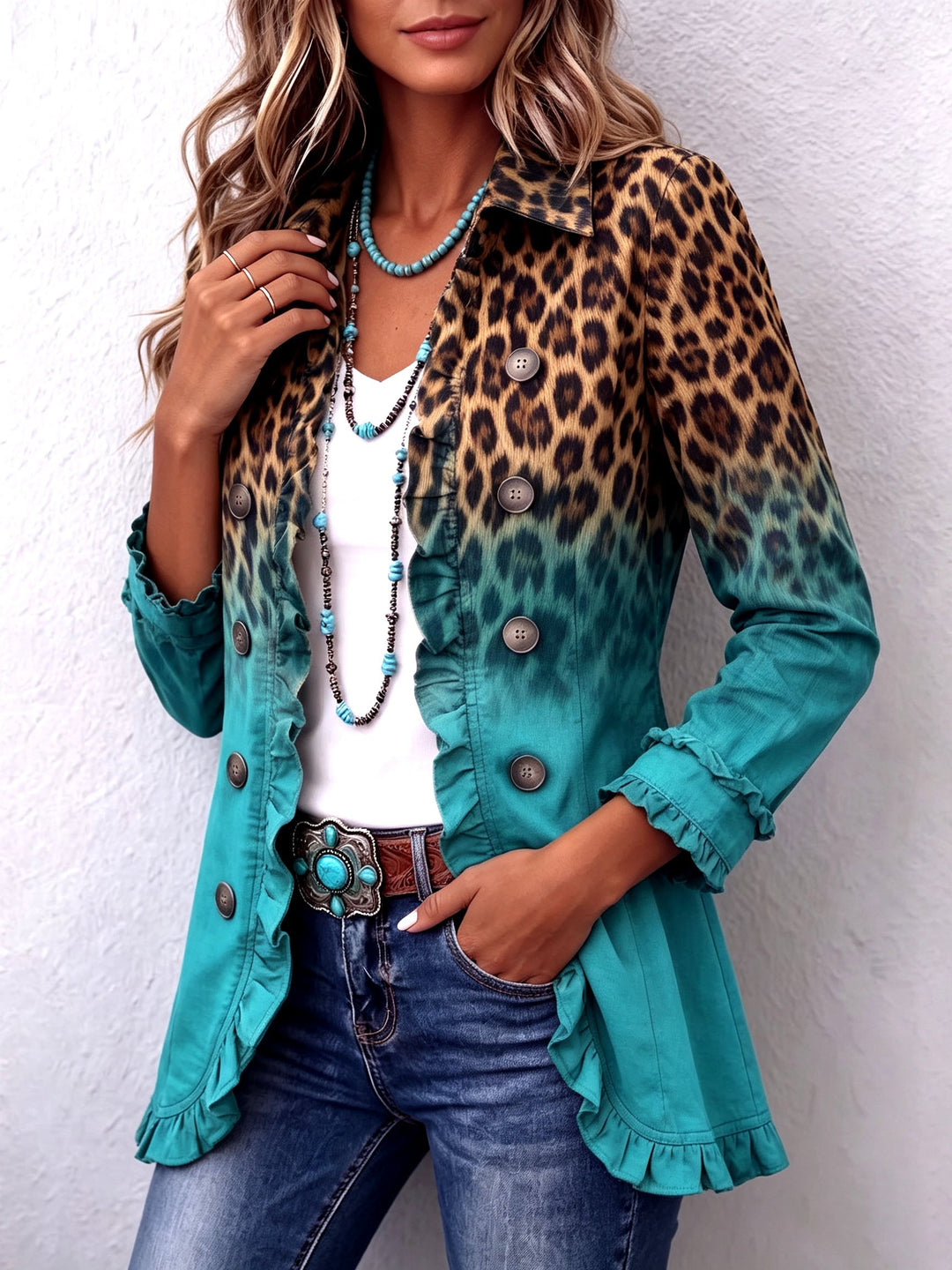 Elspeth Women's Leopard Ombre Blazer Jacket with Ruffle Trim - Elena Harper