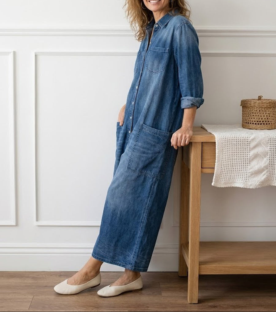Saylor Vintage Washed Cotton Denim Overalls with Button Closure, view 2 - Elena Harper