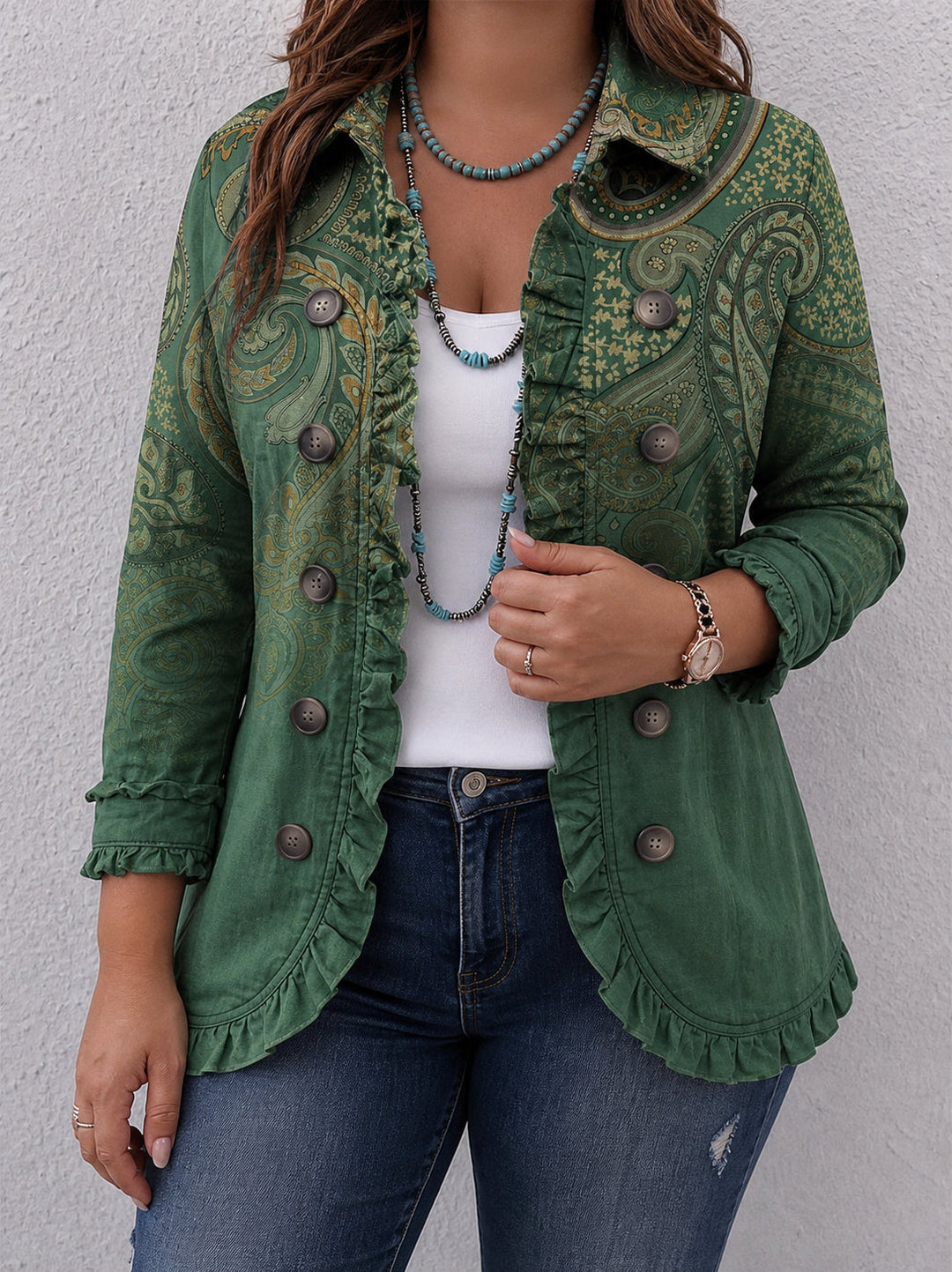 Ladies Jacket Paisley Print with Ruffles and Double Row Buttons