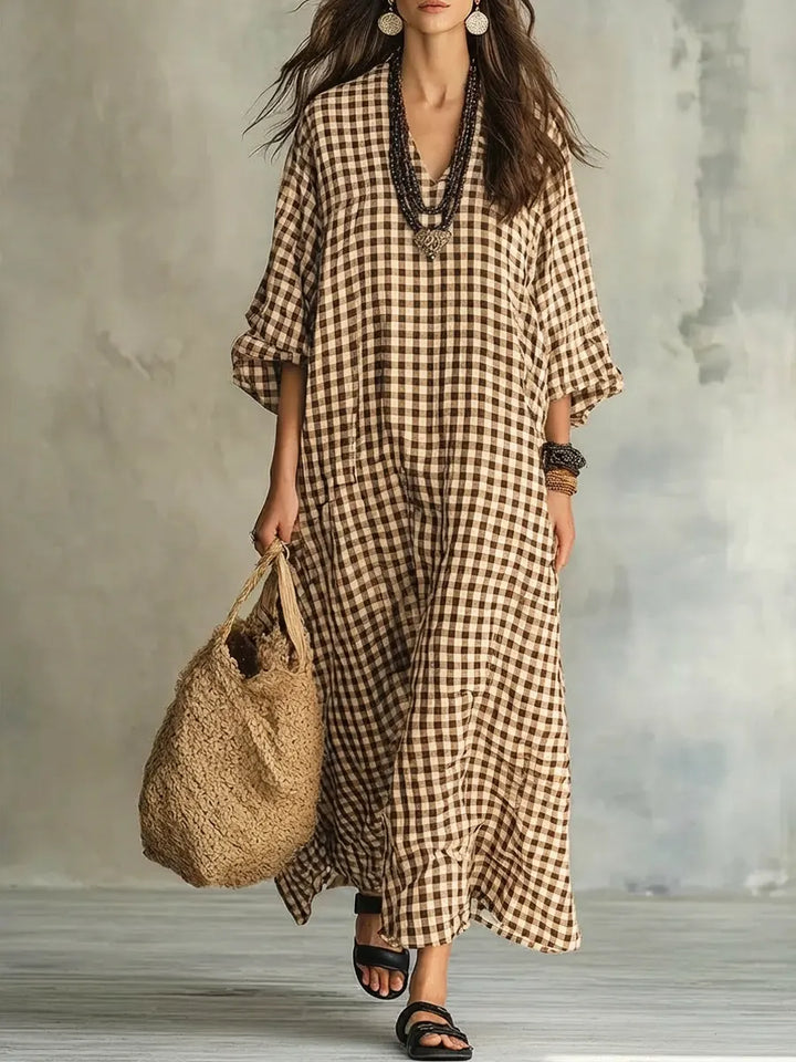 Women's Retro Plaid Art Casual Stylish Cotton Linen Maxi Dress, view 6 - Elena Harper