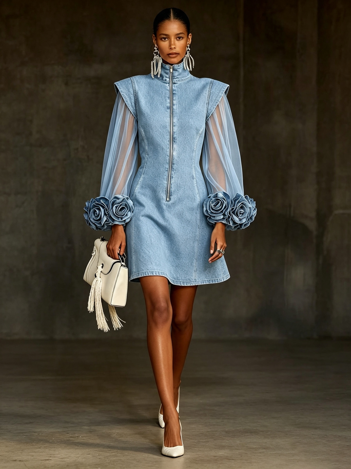 Amelie Structured Sheer-Sleeve Mini Dress - Elena Harper