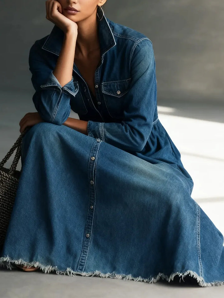 Vera - Stylish Art Stand Collar Washed Denim Midi Dress