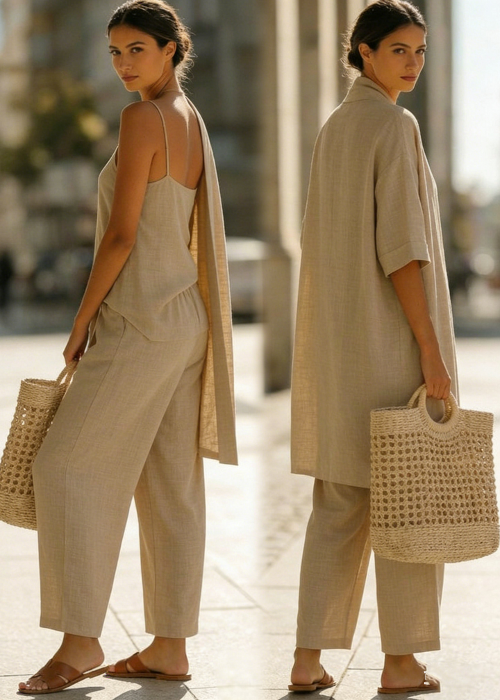 Abra Three-Piece Minimalist Set in Cotton and Linen - Elena Harper