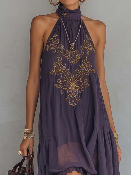 Rose - Retro Halter Neck Irregular Ruffle Maxi Dress